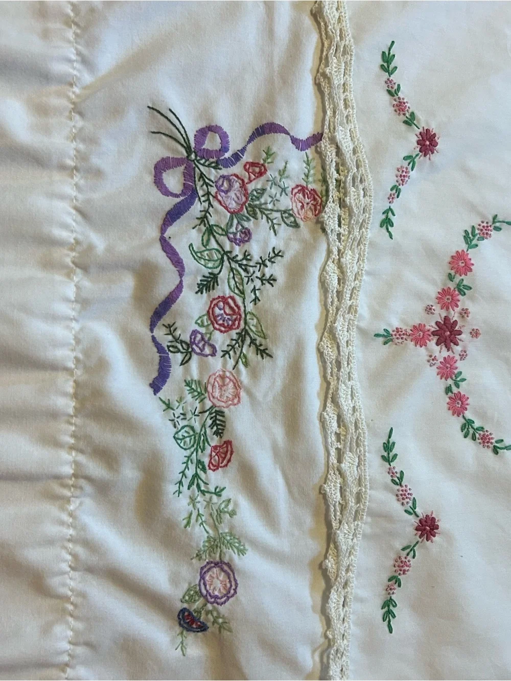 Vintage White Pillowcase with Pink, Purple and Green Floral Embroidery pair
